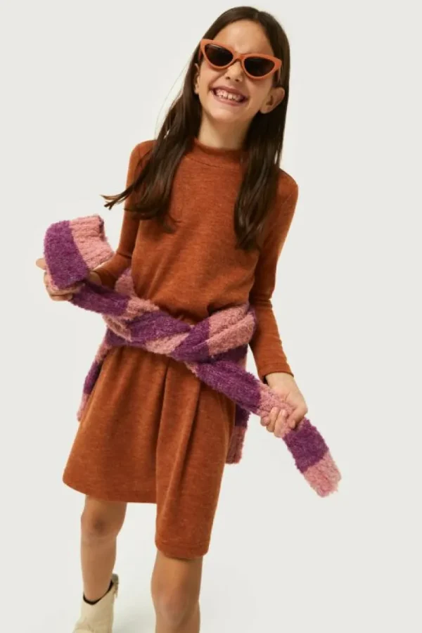 Vestido corto de niña cuello perkins marrón-MINI Shop