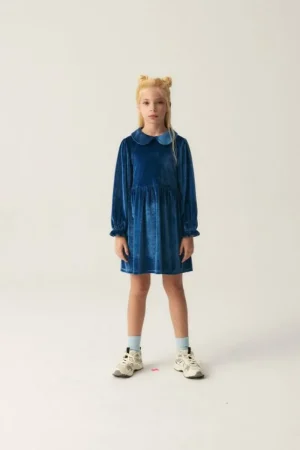 Vestido corto de niña en terciopelo azul-MINI Clearance
