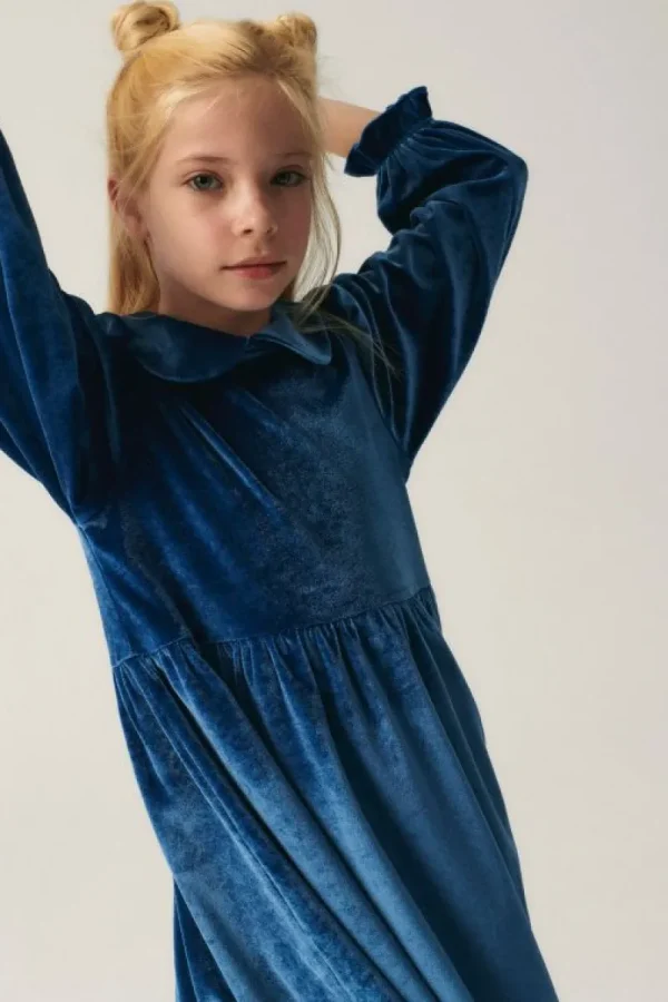 Vestido corto de niña en terciopelo azul-MINI Clearance