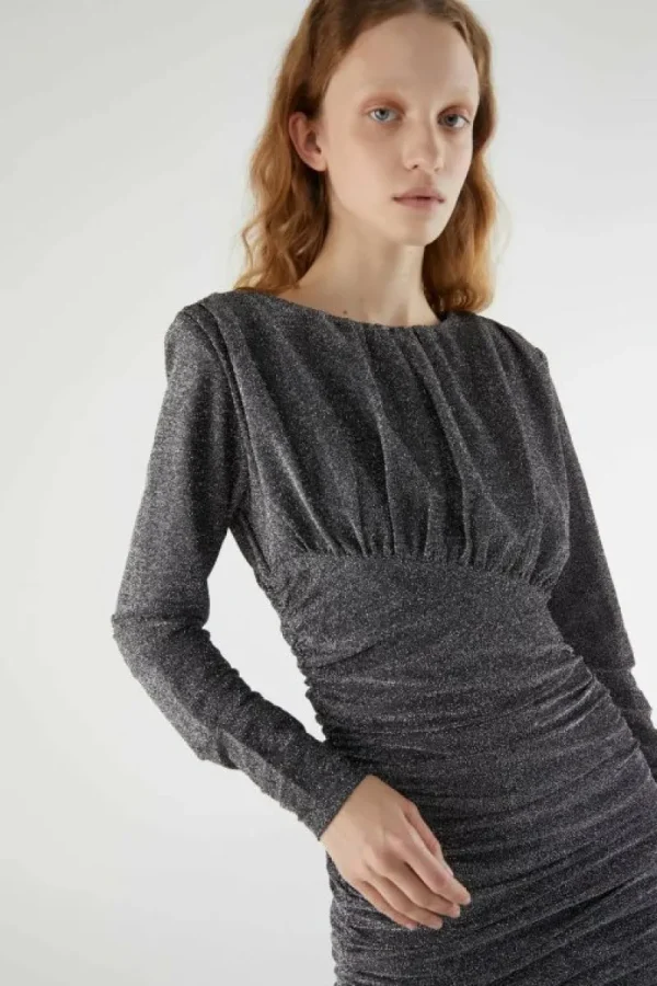 Vestido corto fruncido en hilo de lúrex plateado-COMPAÑIAFANTASTICA Cheap
