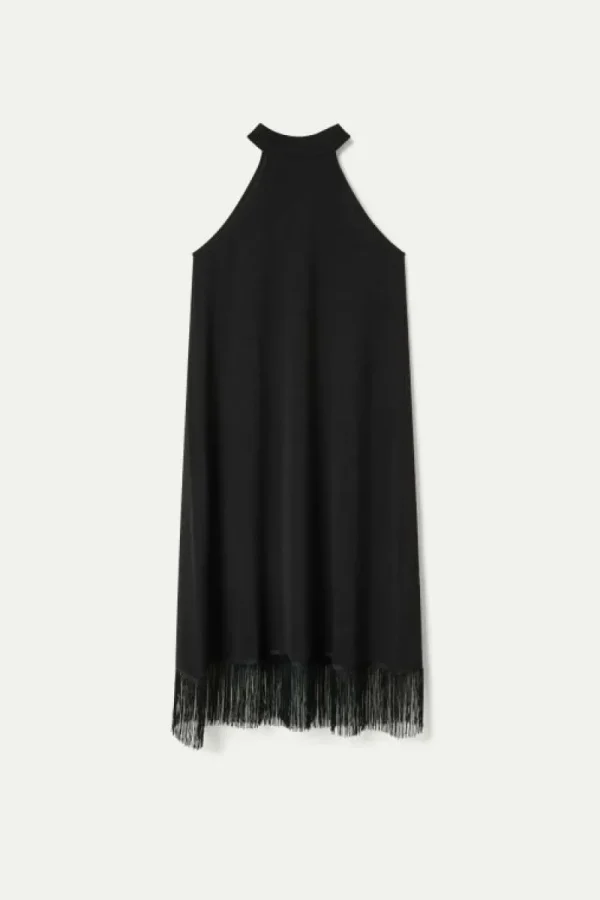 Vestido halter con flecos negro-COMPAÑIAFANTASTICA Shop