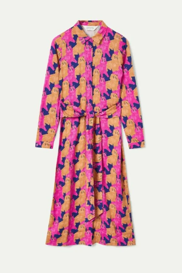 Vestido midi camisero con estampado de gatos-COMPAÑIAFANTASTICA Cheap