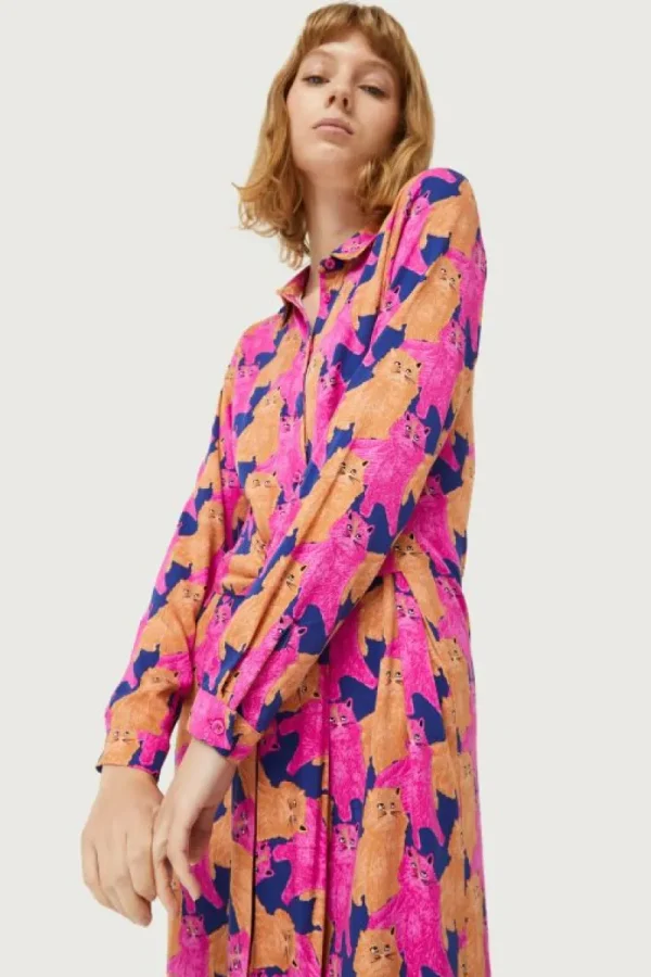 Vestido midi camisero con estampado de gatos-COMPAÑIAFANTASTICA Cheap
