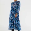 Vestido midi con volantes y estampado abstracto azul-COMPAÑIAFANTASTICA Best Sale