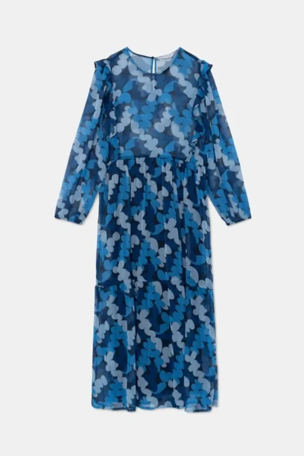Vestido midi con volantes y estampado abstracto azul-COMPAÑIAFANTASTICA Best Sale