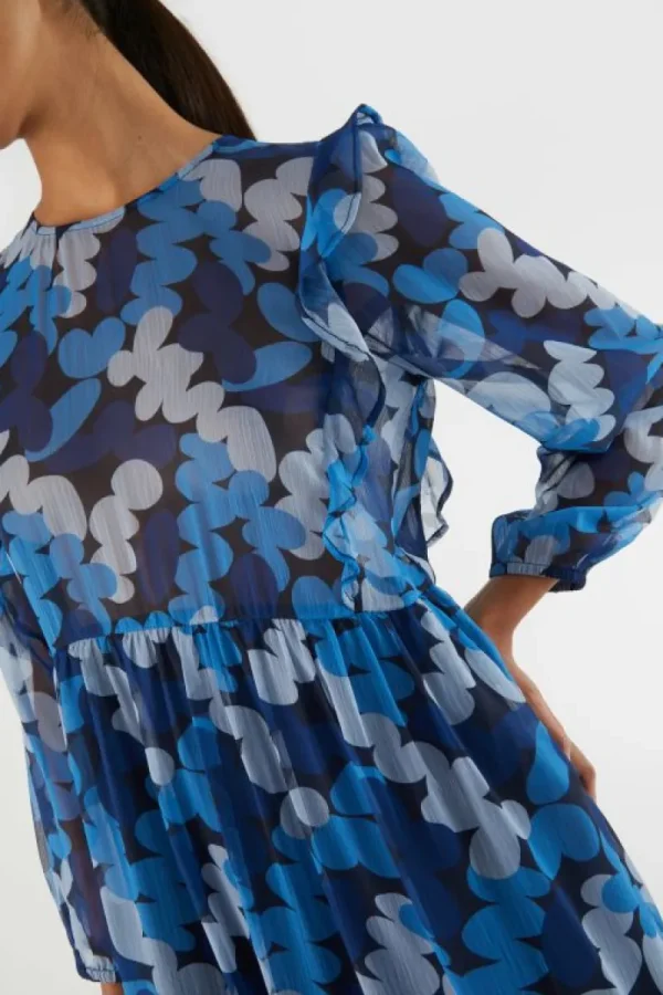 Vestido midi con volantes y estampado abstracto azul-COMPAÑIAFANTASTICA Best Sale