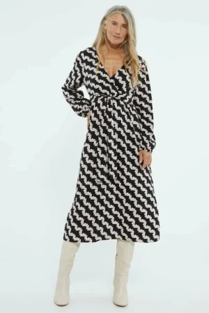 Vestido midi cruzado con estampado geométrico negro-COMPAÑIAFANTASTICA Online