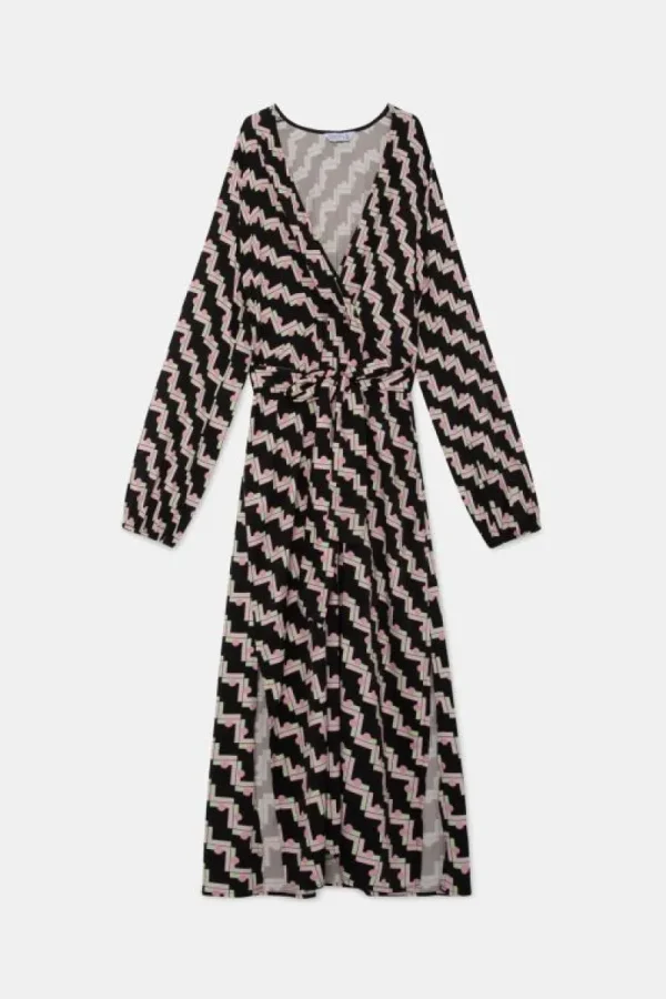 Vestido midi cruzado con estampado geométrico negro-COMPAÑIAFANTASTICA Online