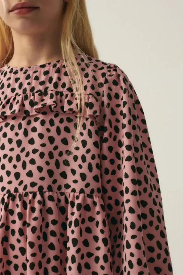 Vestido midi de niña con volantes y estampado de lunares rosa-MINI Discount