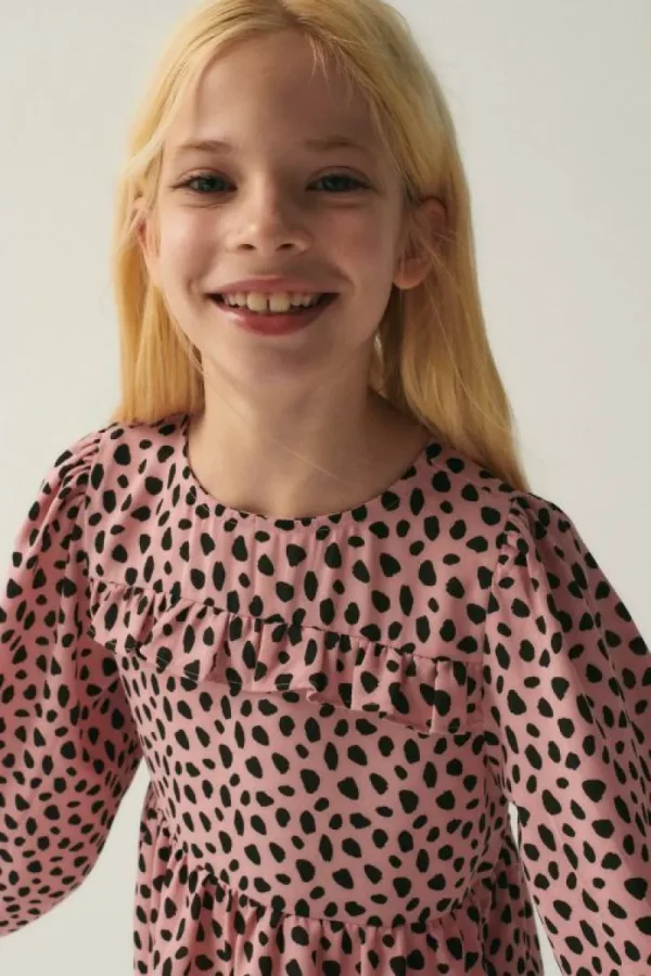 Vestido midi de niña con volantes y estampado de lunares rosa-MINI Discount