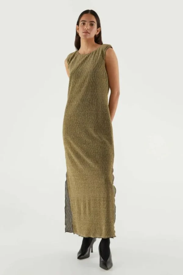 Vestido midi sin mangas brillante dorado-COMPAÑIAFANTASTICA Store